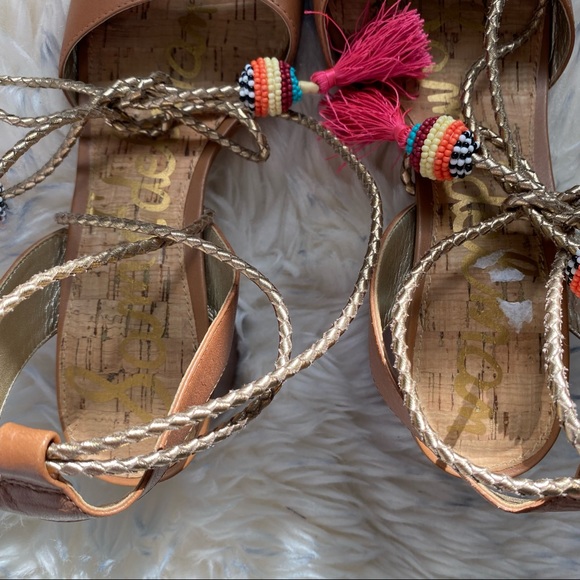 Sam Edelman Women’s Brown Block Heel Beaded Sandals Size 7 Beaded Tassel - Picture 13 of 16